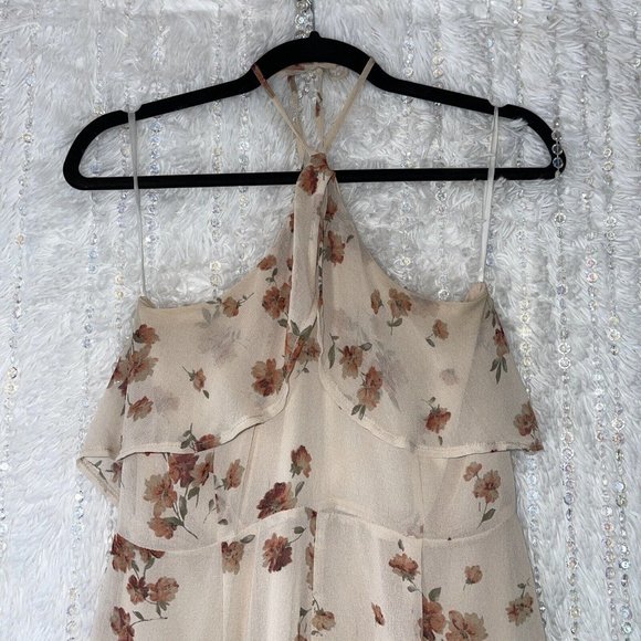 Flair the Label Jumpsuit Women’s MEDIUM Beige Tan Floral Halter Tie Neck Ruffles - Picture 3 of 12
